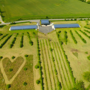 Vue aérienne d’une ferme bio Bodin avec panneaux solaires et champs aménagés en harmonie avec la nature.